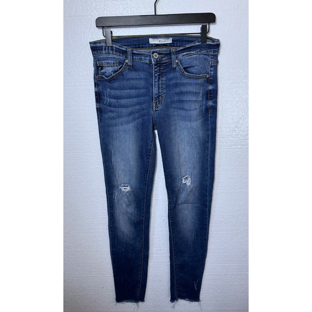 Kancan Womens Size 9 / 28 Dark Wash Distressed Ripped Raw Hem Skinny Jeans Denim